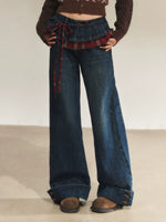 Vintage Patchwork Plaid Wide-Leg Jeans