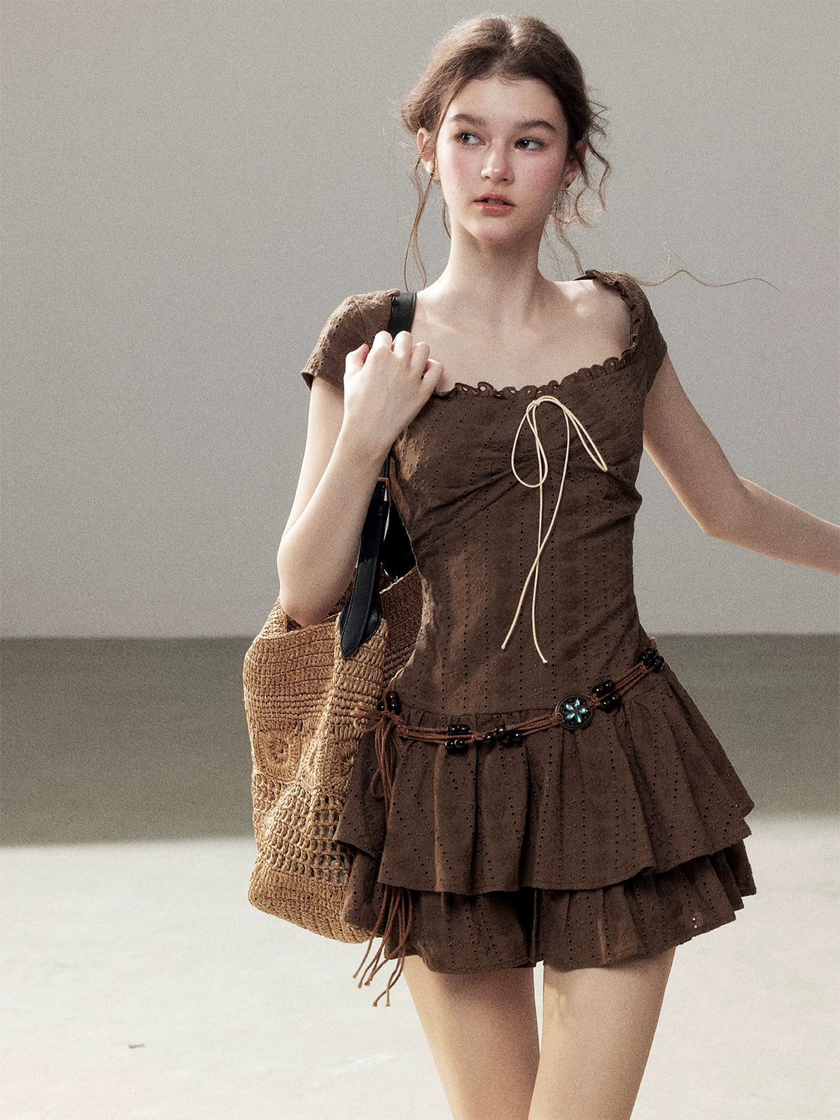 Lace Pleated Mini Dress