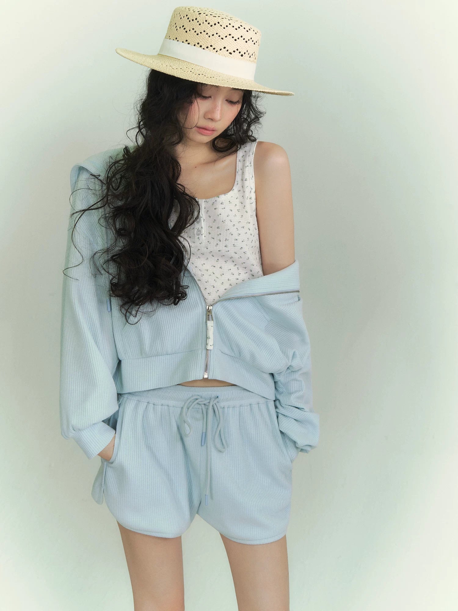 Waffle Hoodie Shorts Vest Set