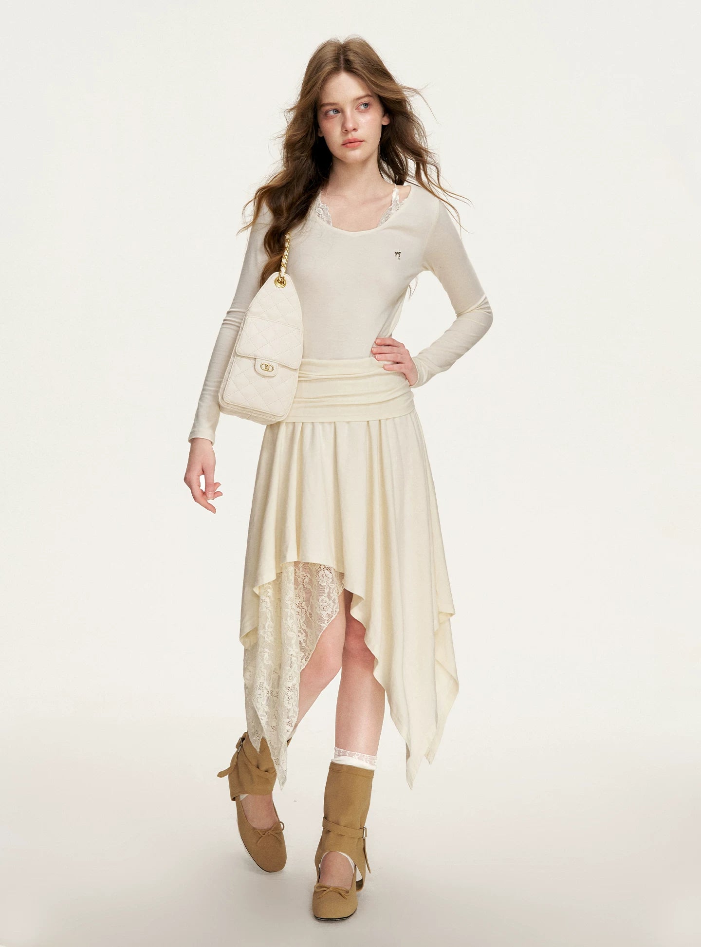 Apricot Lace Ruched Dress