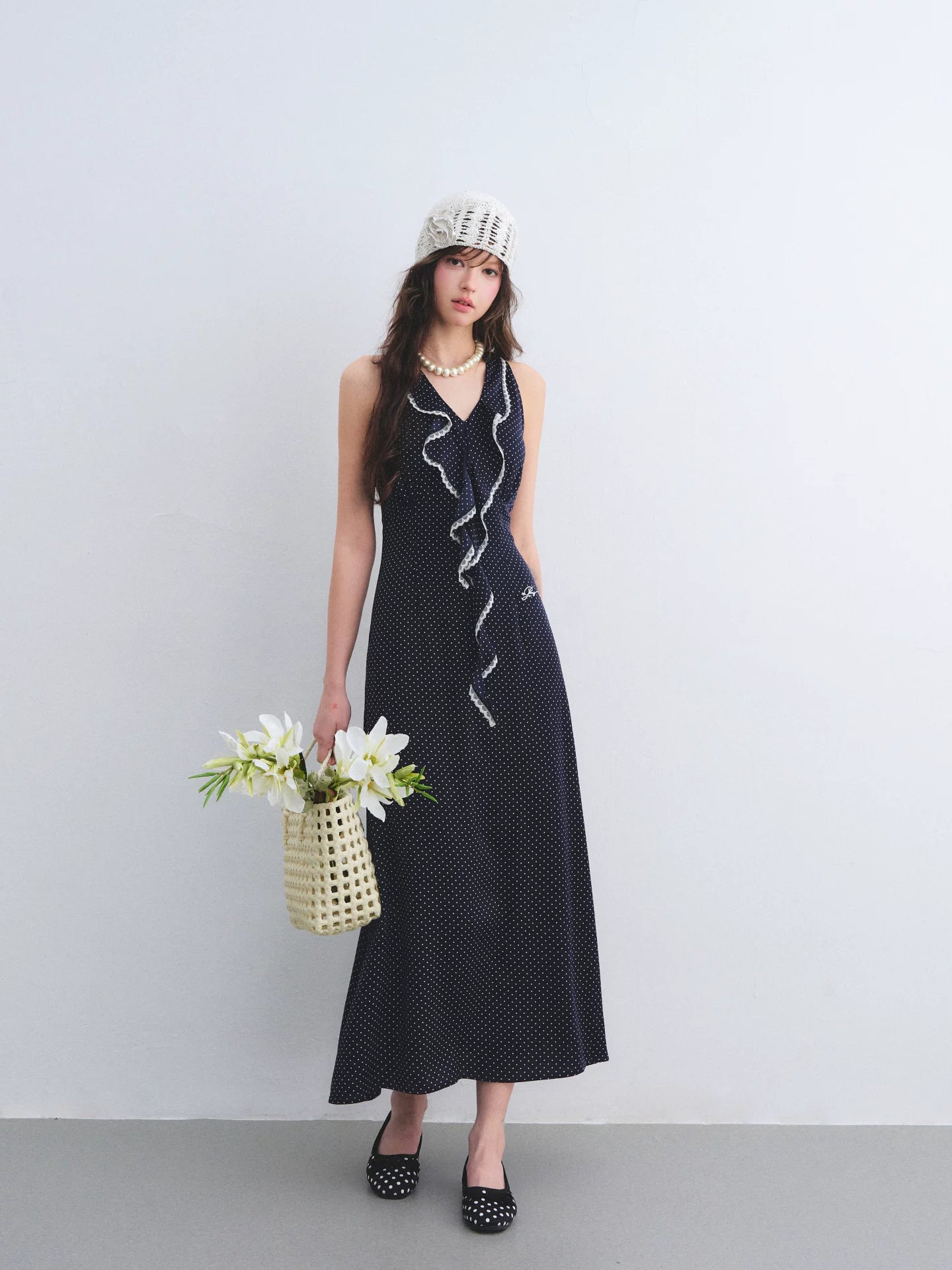 Navy Blue Polka Dot Ruffle Dress
