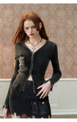 Gray Distressed Knitted Cardigan & Skirt Set