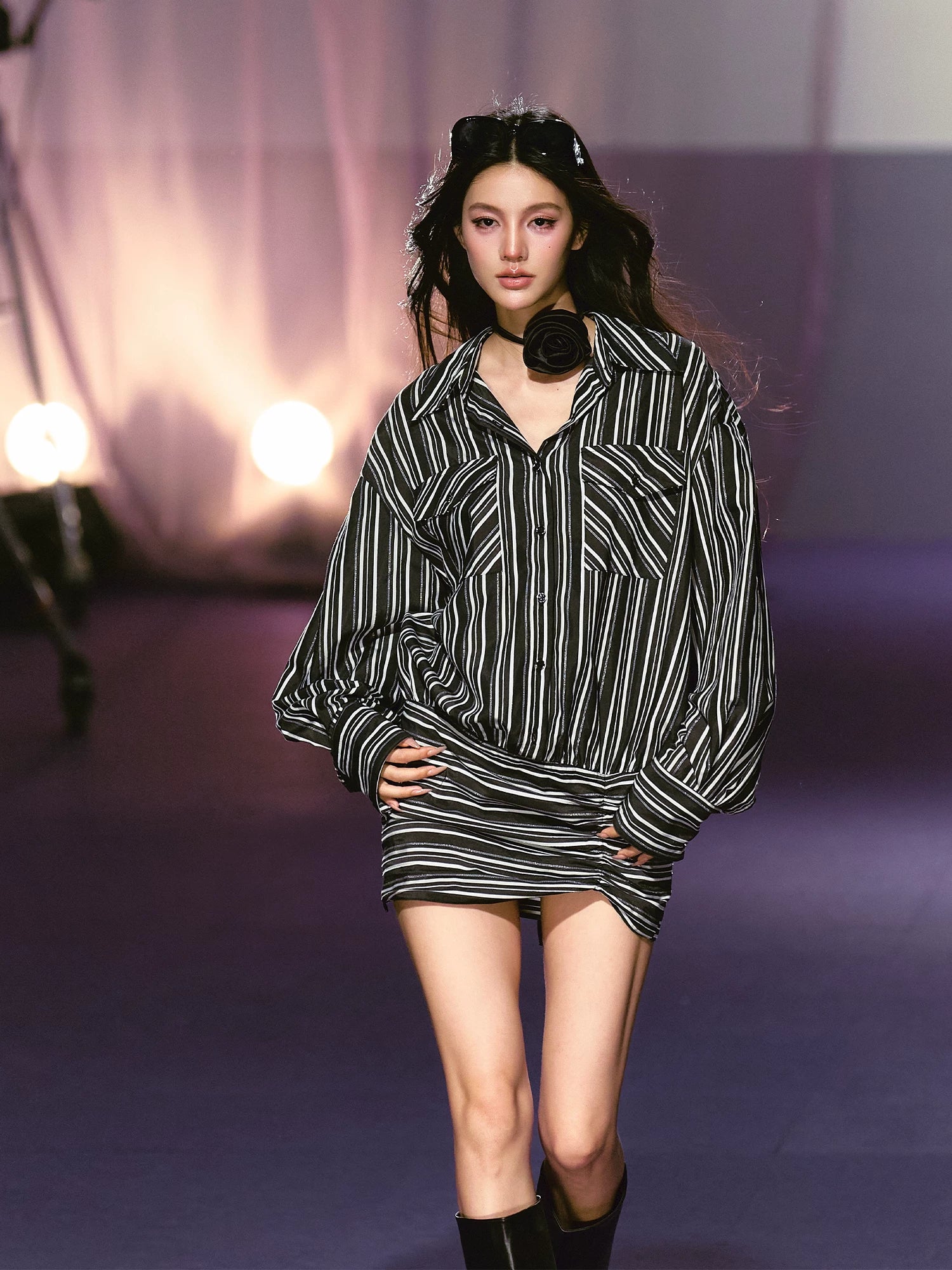 Detachable Floral Striped Shirt Dress