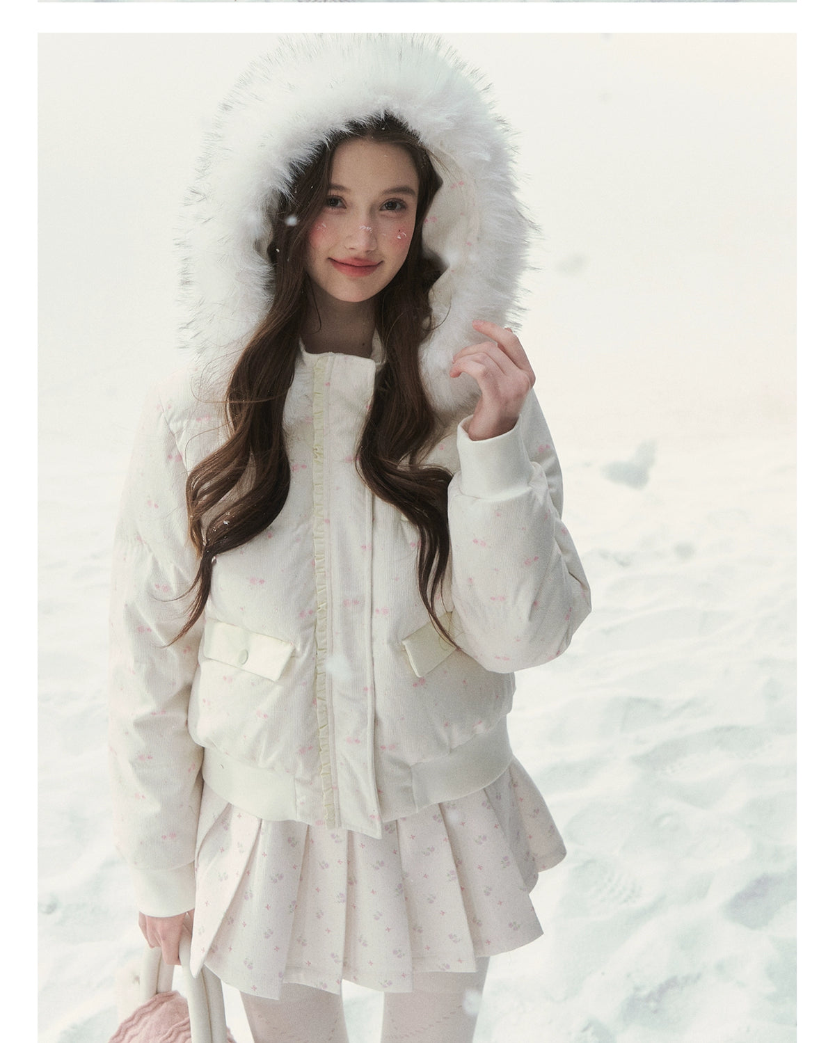 Plaid Floral Faux-Fur Down Jacket