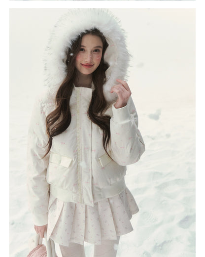 Plaid Floral Faux-Fur Down Jacket