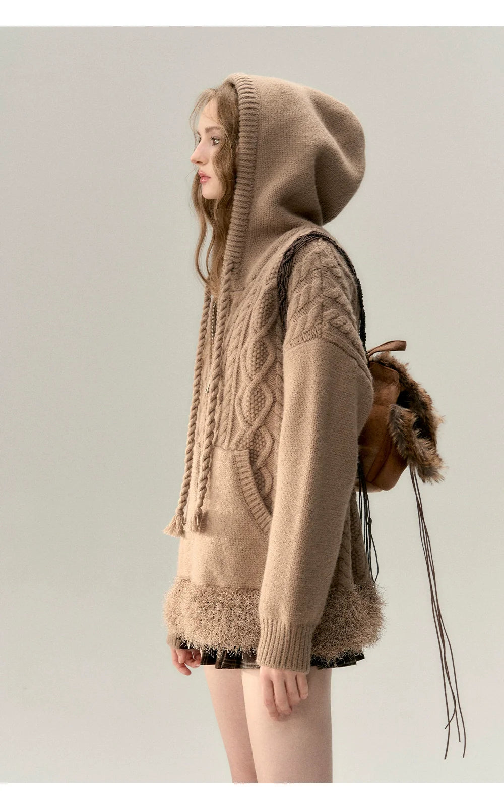 Off-white &amp; Khaki Twisted Knit Hooded Sweater