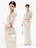 Apricot Lace Knit Blouse & Skirt Set