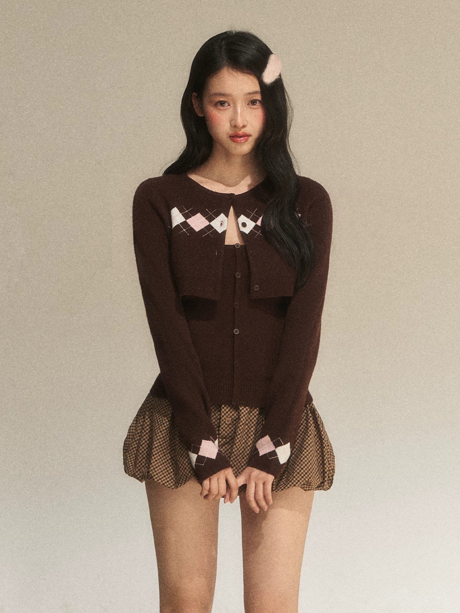 Brown Argyle Knit Cardigan Set