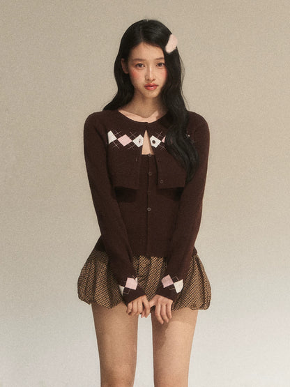 Brown Argyle Knit Cardigan Set