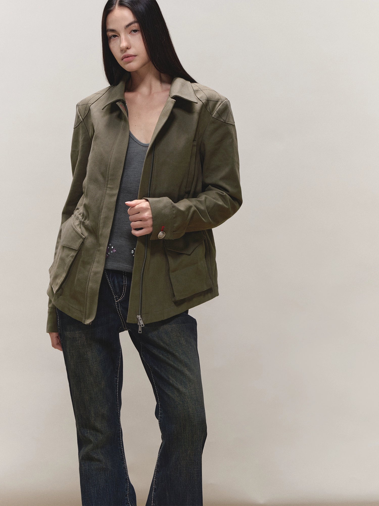 Diamond-Quilt Contrast Hunter Jacket