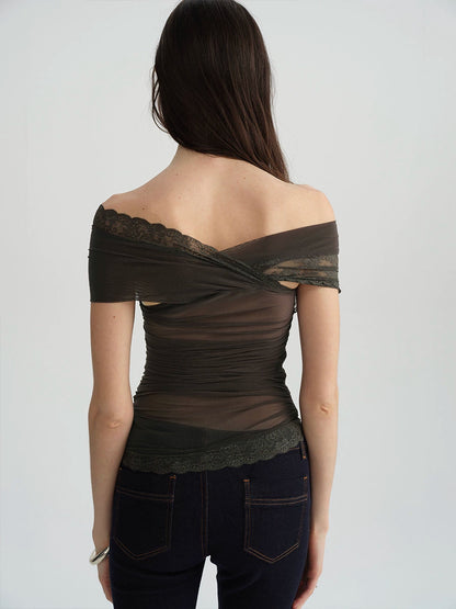 Two-Tone Mesh Lace Cross-Front Blouse