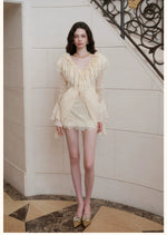 V-Neck Lace Pleated Dress