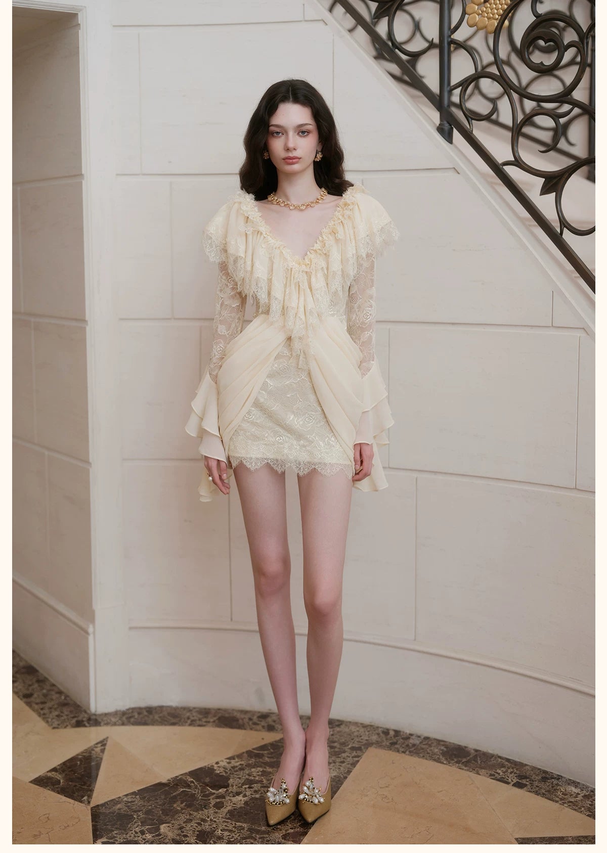 V-Neck Lace Pleated Dress