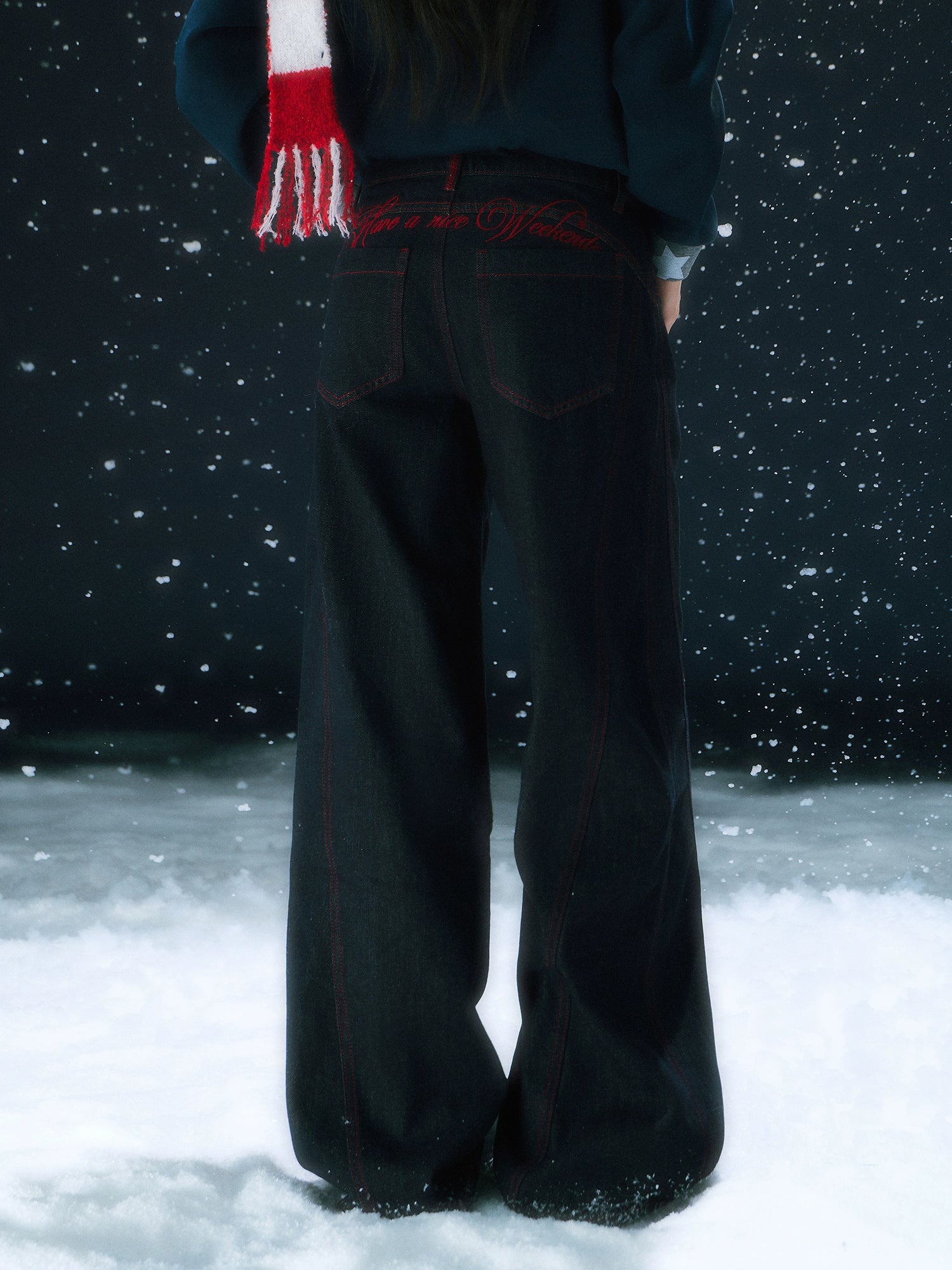 Contrast Stitch Embroidery Wide Pants