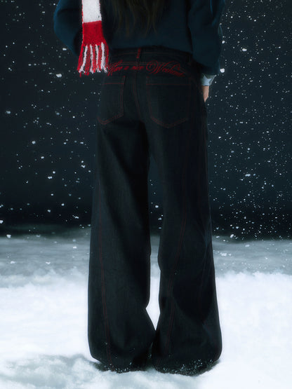 Contrast Stitch Embroidery Wide Pants