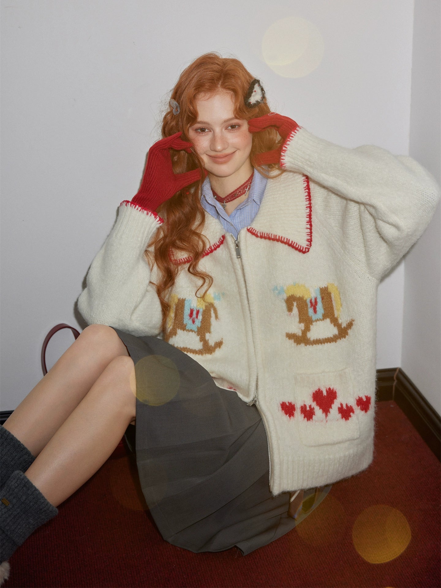 Contrast-Trim Horse Jacquard Knit Zip Cardigan