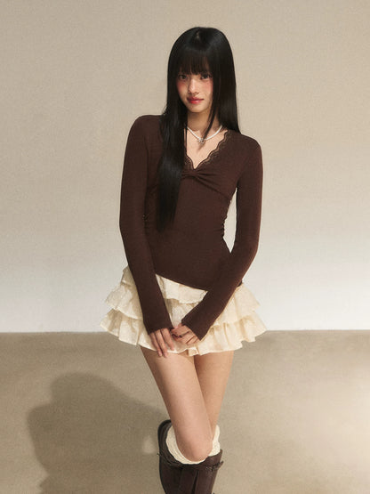 Lace Panel Faux Layered Knit Dress