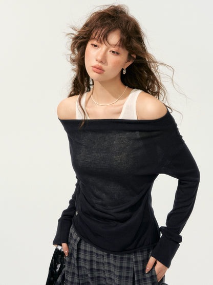 Fake Two-Piece Color-Block Draped Collar Knit Top