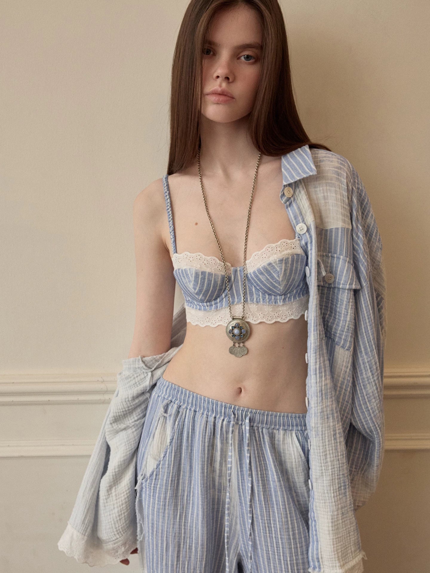 Stripe Shirt Corset Pants Set