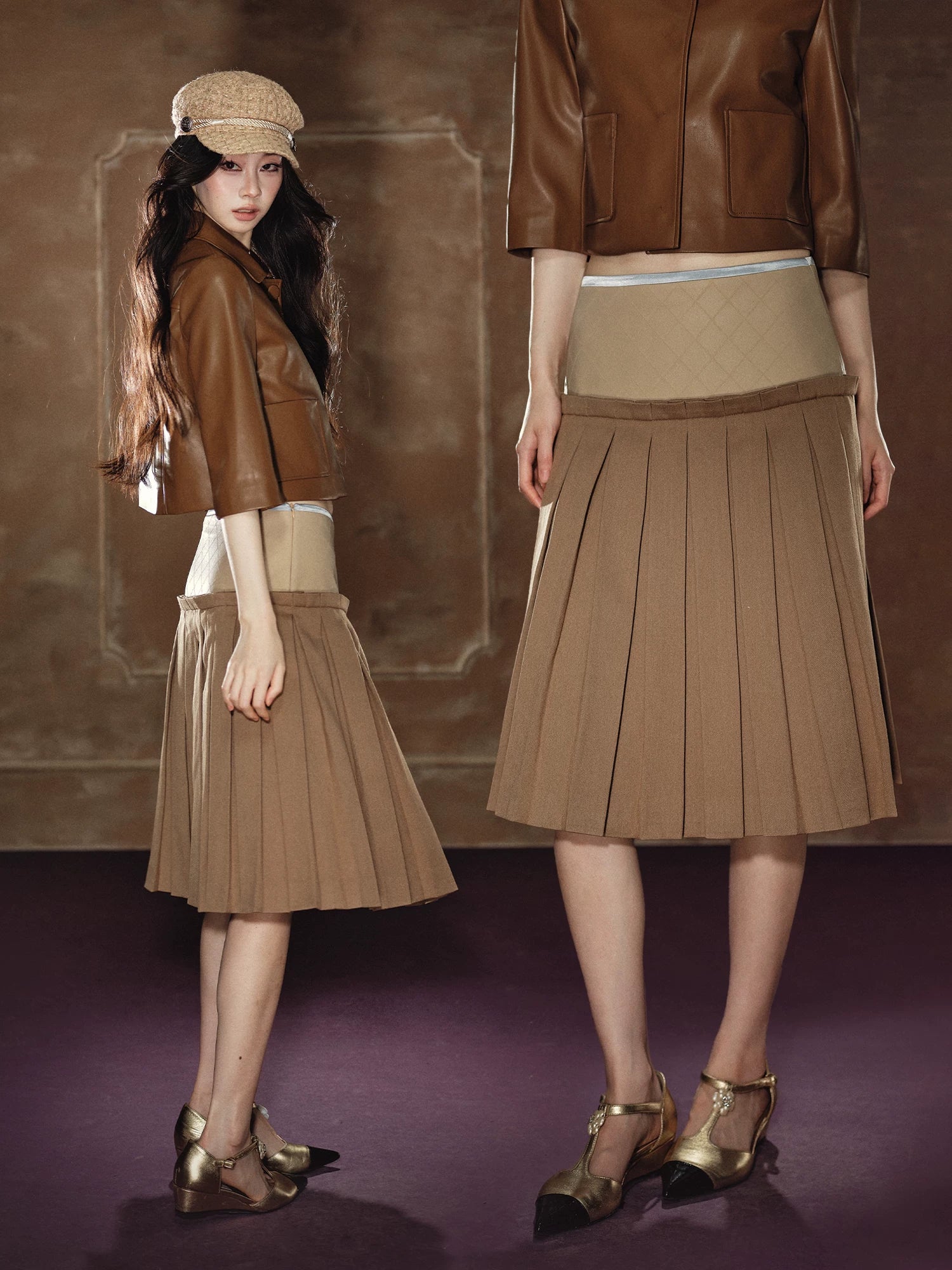 Satin Pleated A-Line Skirt Leather Jacket Set