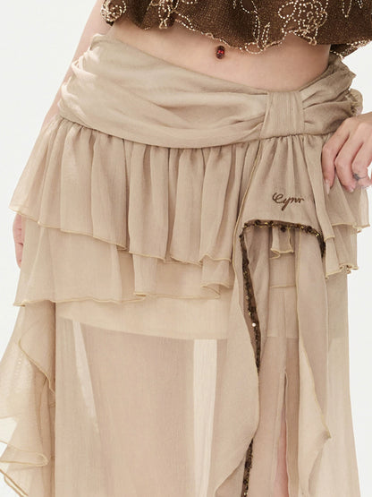 Bow-Waist Ruffle Maxi Skirt