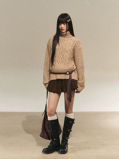 High-Neck Cable Knit Sweater