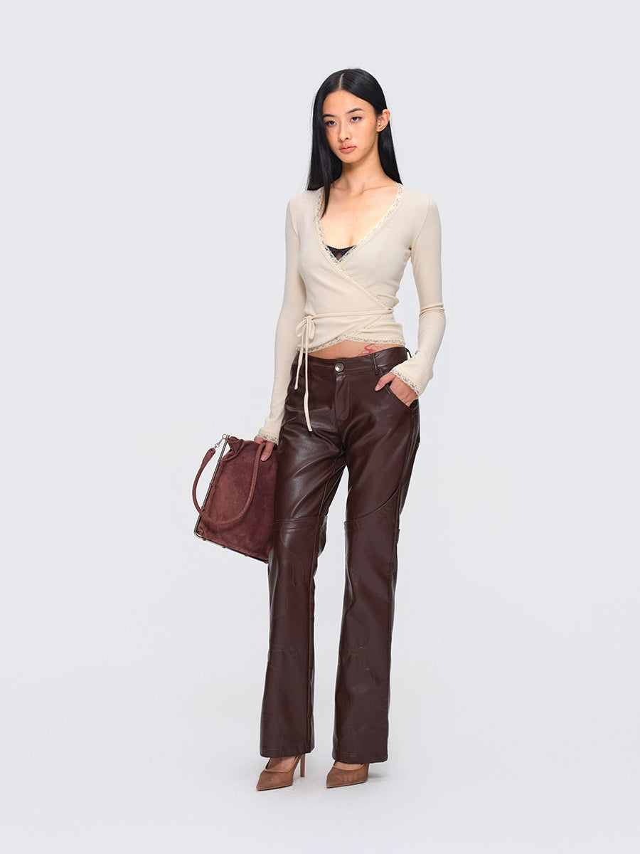 Two-Tone Lace-Trim Cross-Tie Cropped Knit Cardigan