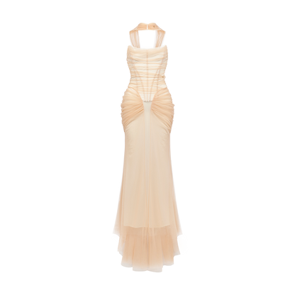 Black &amp; Apricot Tulle Ruffled Slim-fit Strapless Dress