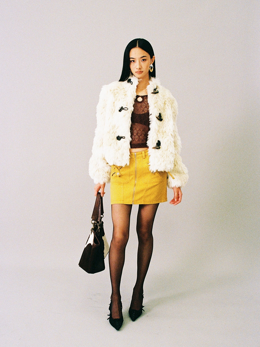 Faux-Fur Stand-Collar Toggle Cropped Jacket