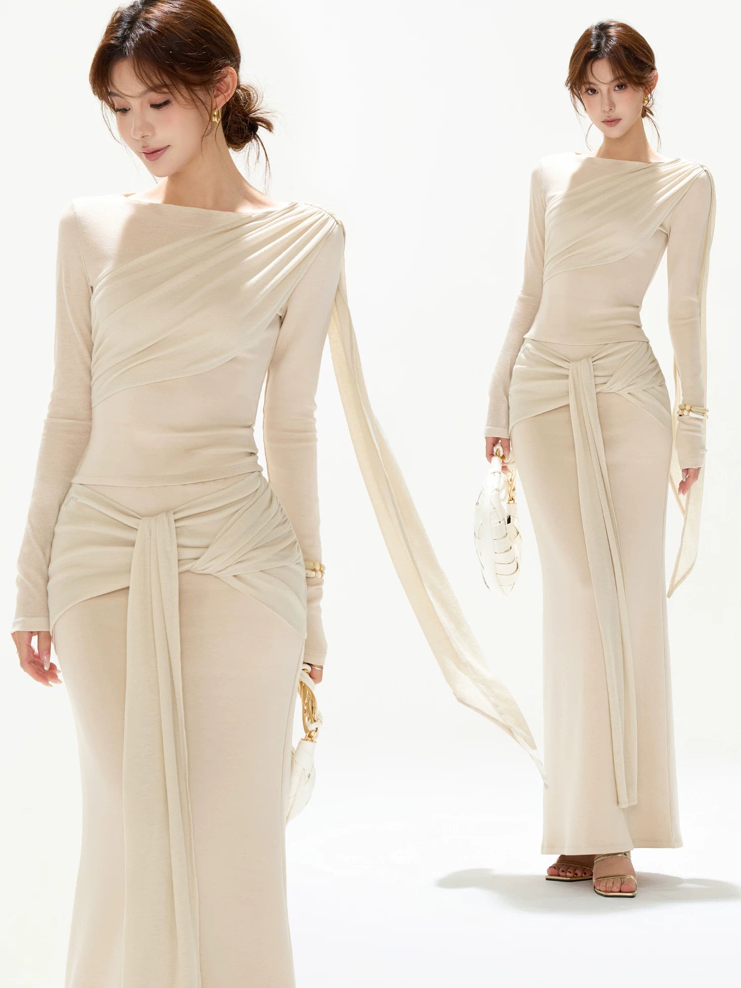 Apricot Ruched Knit Top &amp; Skirt Set