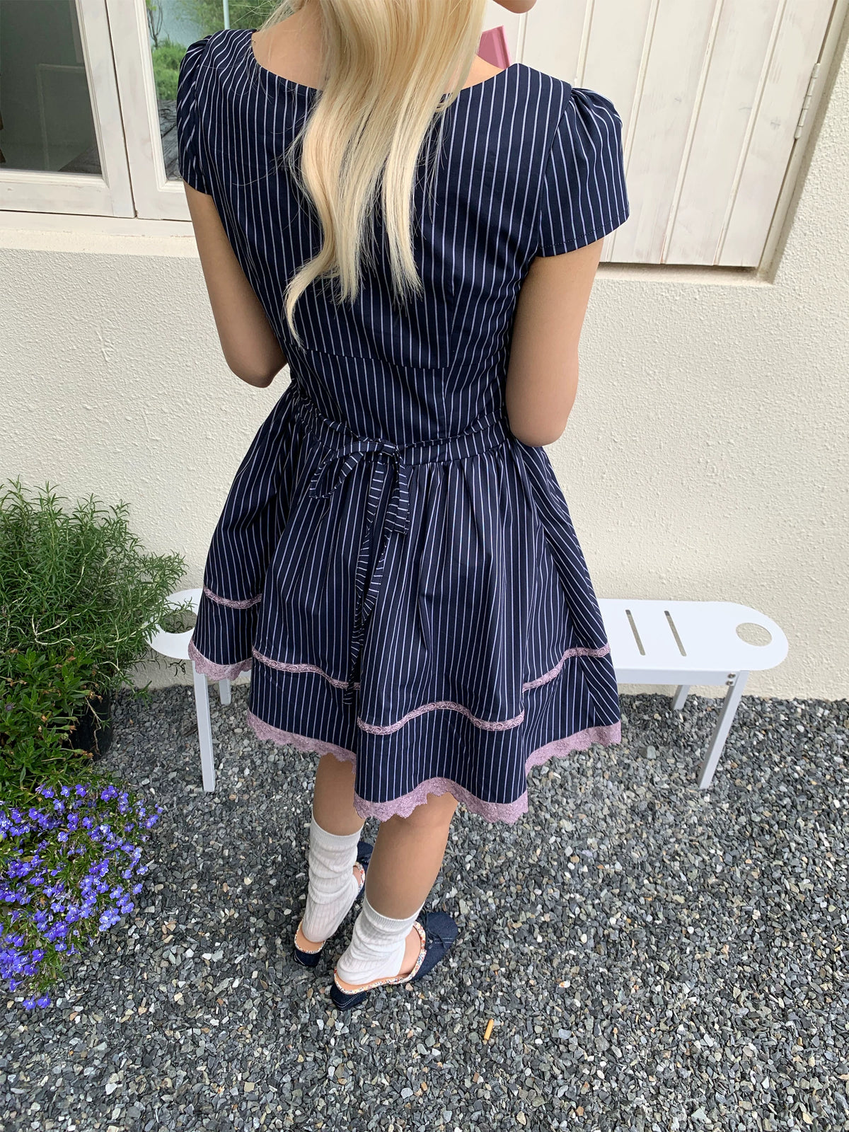 Striped Puff Sleeve A-Line Dress