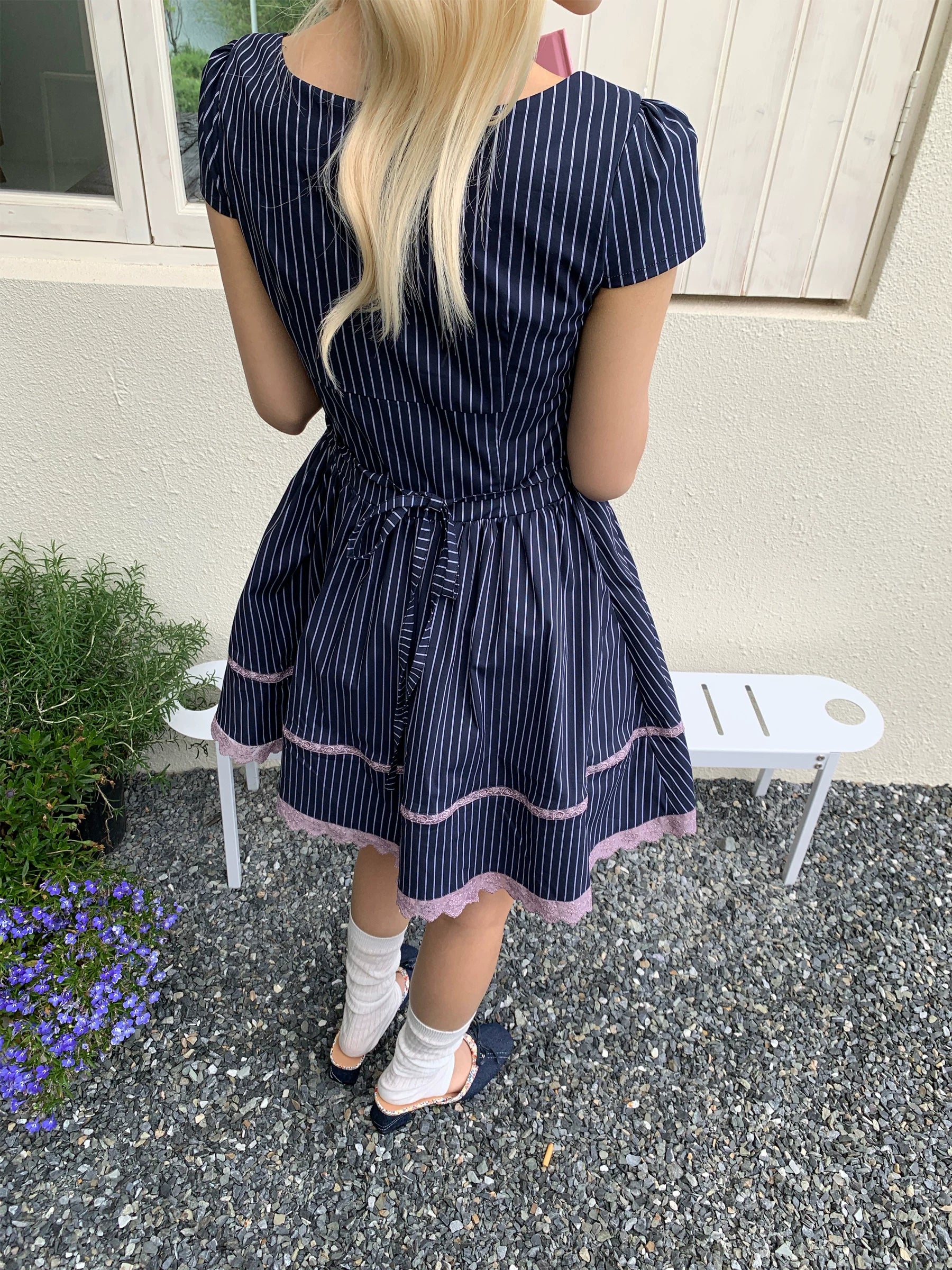 Striped Puff Sleeve A-Line Dress