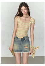Pink & Yellow & Black Fitted Plaid Square Neck Top