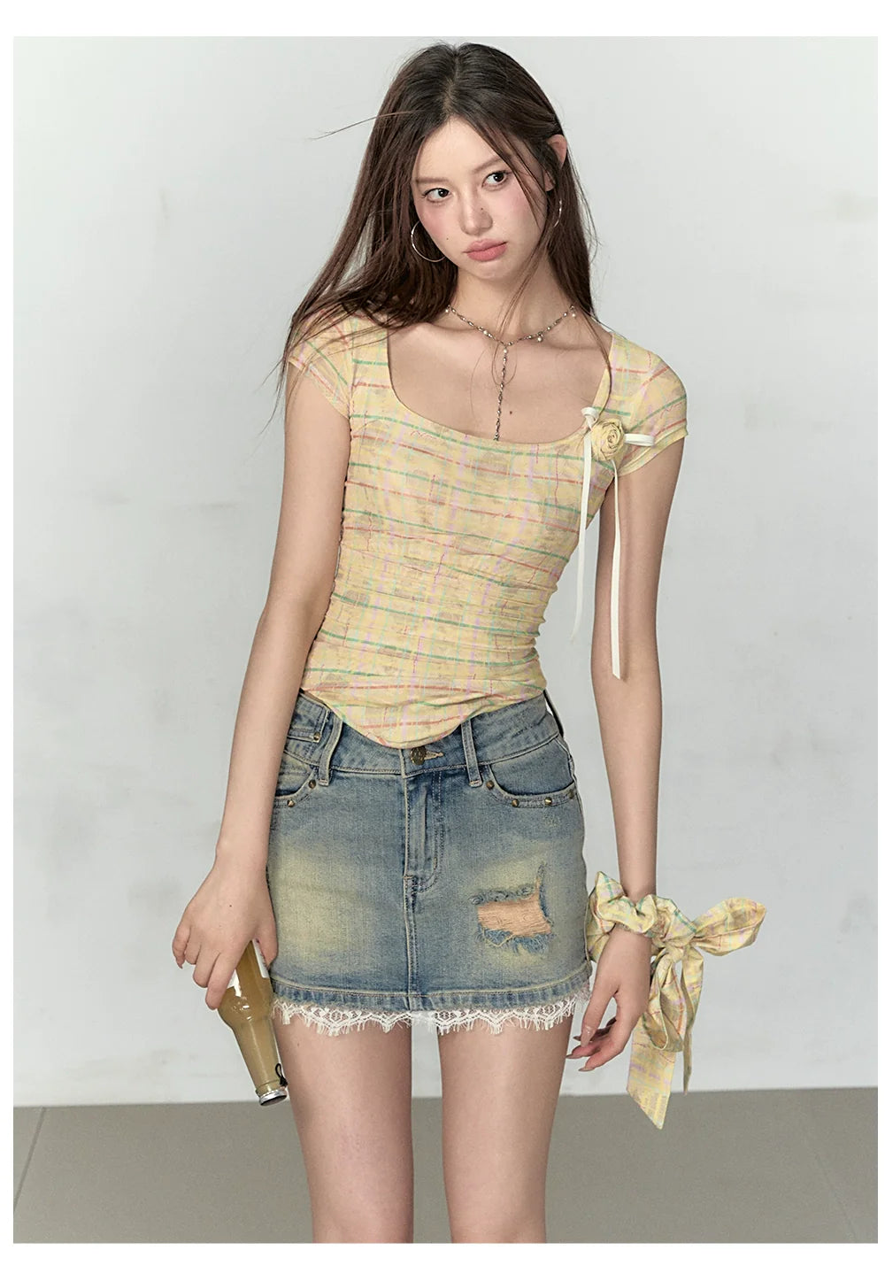 Pink &amp; Yellow &amp; Black Fitted Plaid Square Neck Top