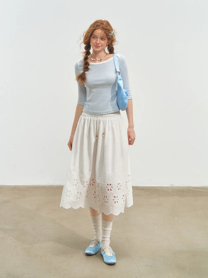 Envelope Neck Mid-sleeve Striped T-Shirt