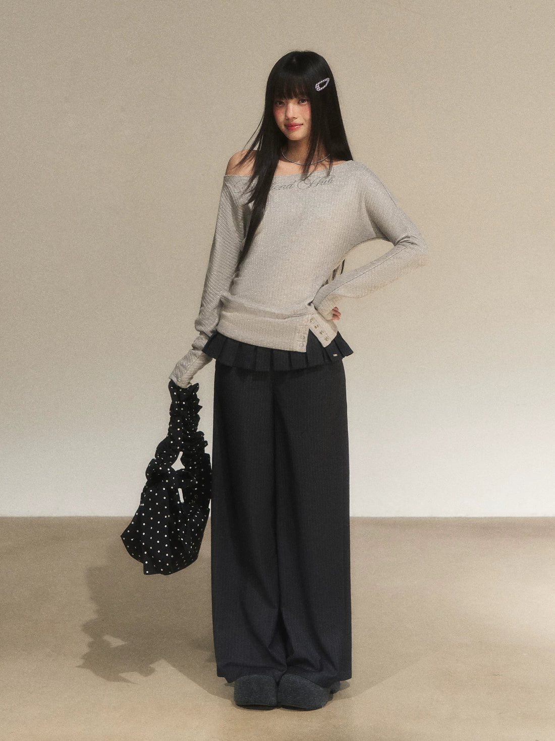 Gray Striped Wide-Leg Pants