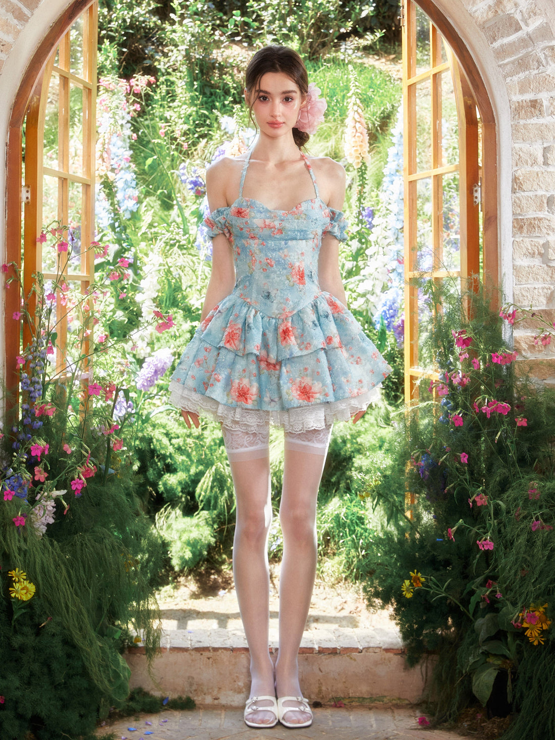 Floral Lace Halter Puff Short Dress