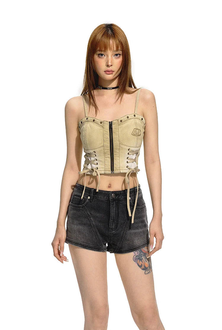 Brown Distressed Wash Denim Halter Top