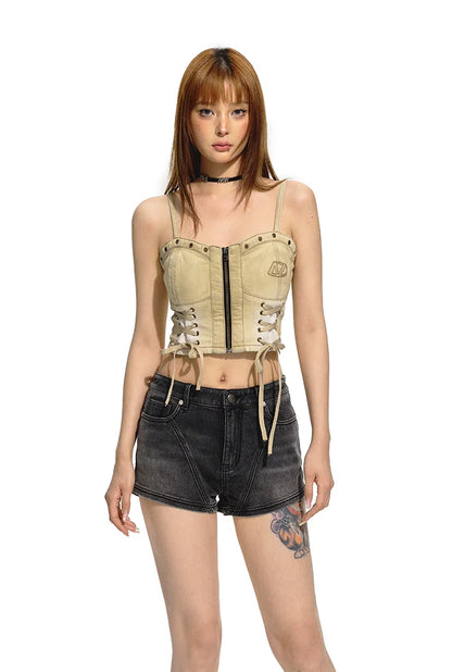 Brown Distressed Wash Denim Halter Top