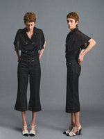 Black Quilted Cropped Flared Jeans