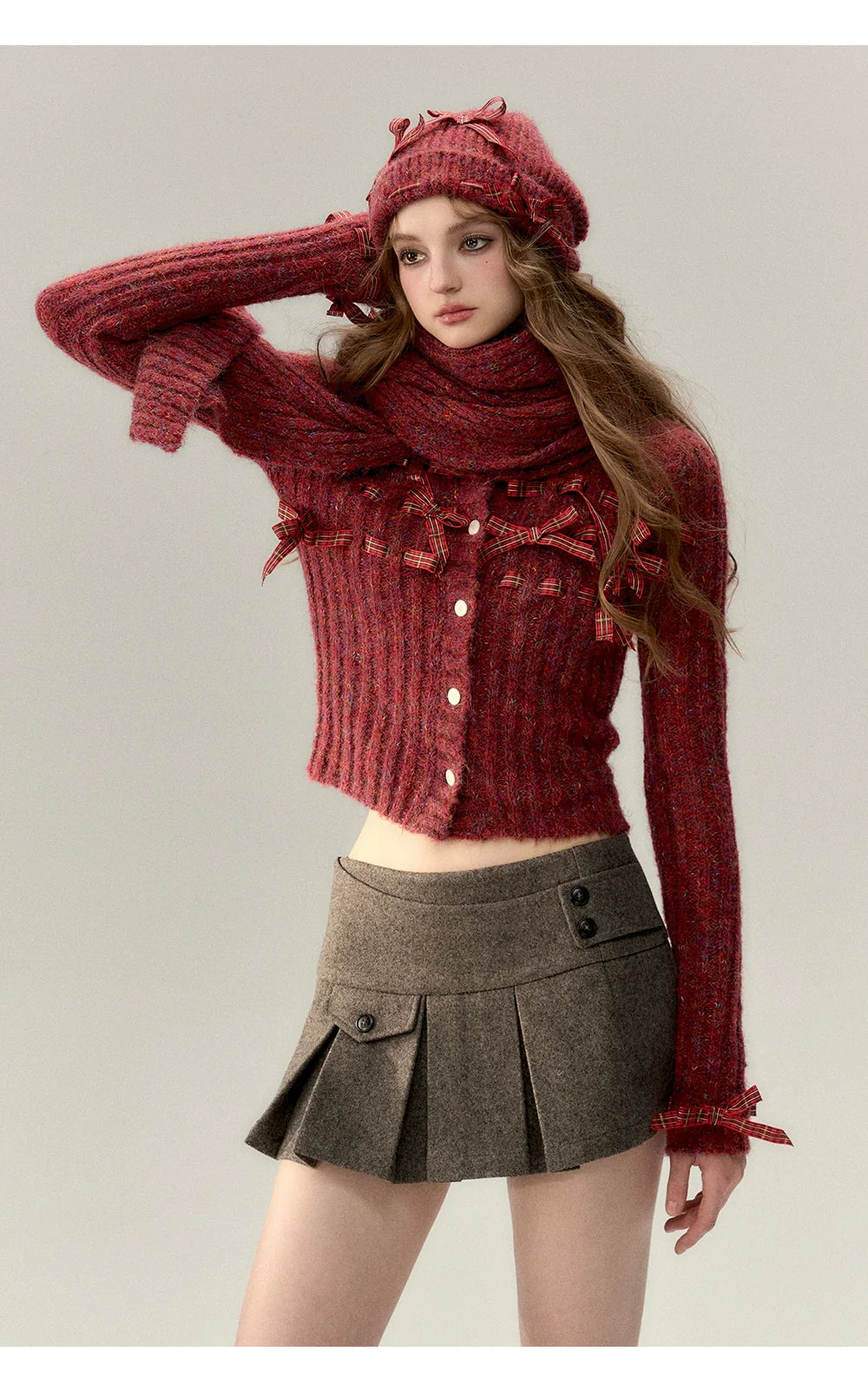 Red &amp; Black Bow Decorated Knit Cardigan