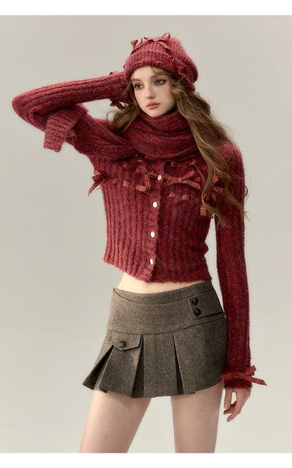 Red &amp; Black Bow Decorated Knit Cardigan
