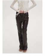 Black & Burgundy Embroidered PU Pants