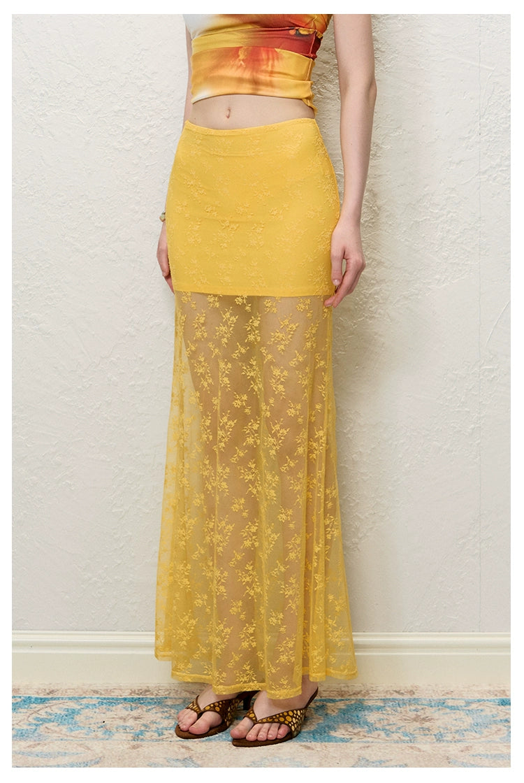Yellow &amp; Black Lace Sheer Midi Skirt
