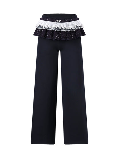 Navy Blue Star Lace Pleated Straight-leg Pant Set