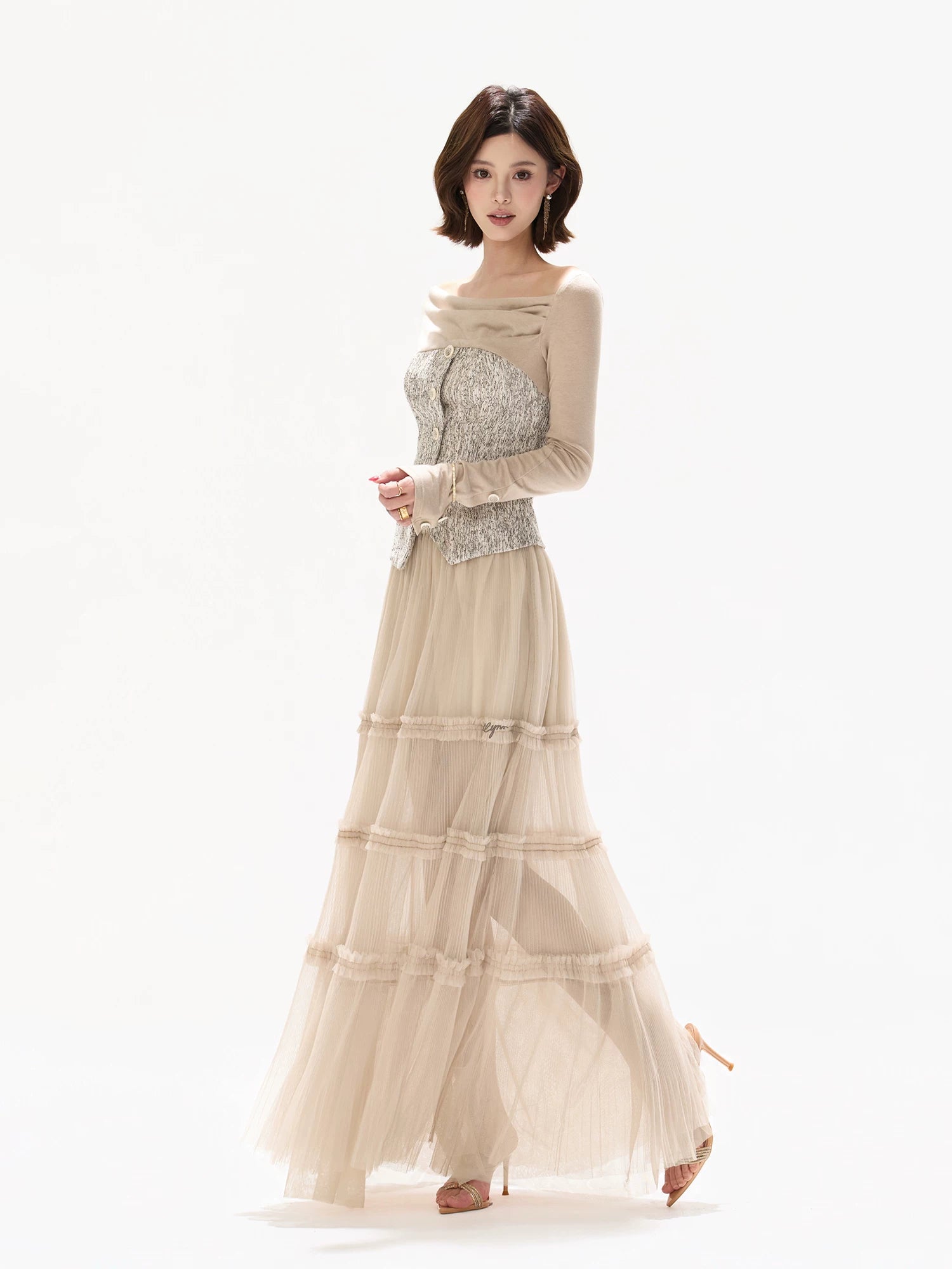 Champagne Pleated Mesh Skirt