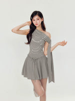 Off-Shoulder Pearl and Rhinestone Puff Dress