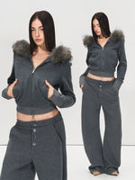 Detachable Fur Collar Hoodie & Sweatpants Set