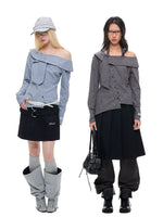 Asymmetric Plaid Off-Shoulder Shirt