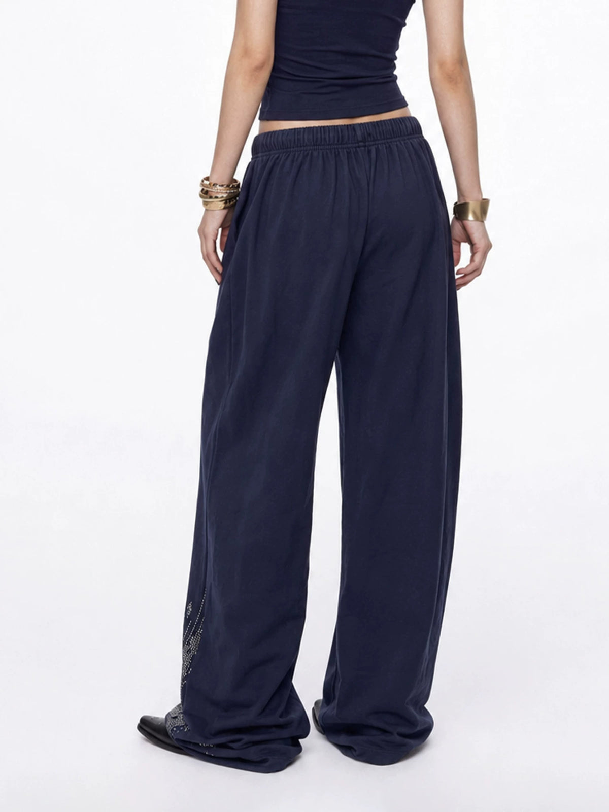 Navy Rhinestone Wide Leg Pants
